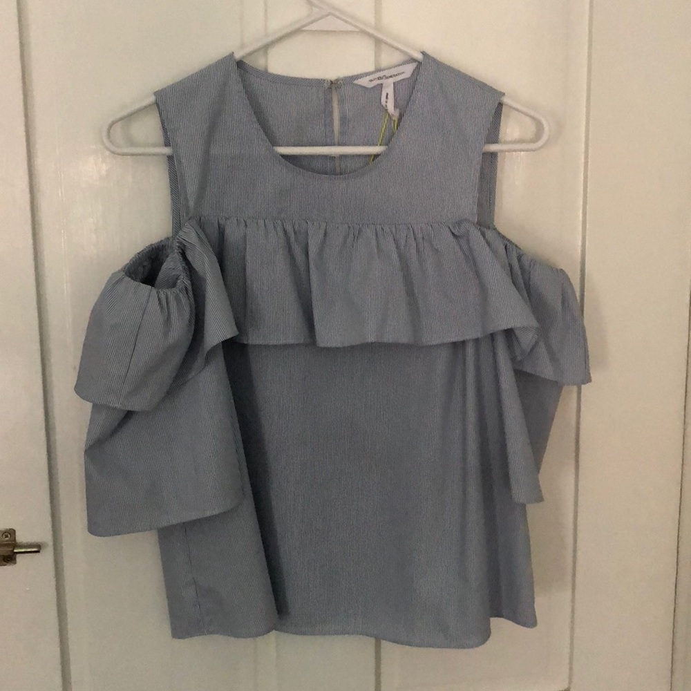 BCBG blue and white pin stripe cold shoulder top